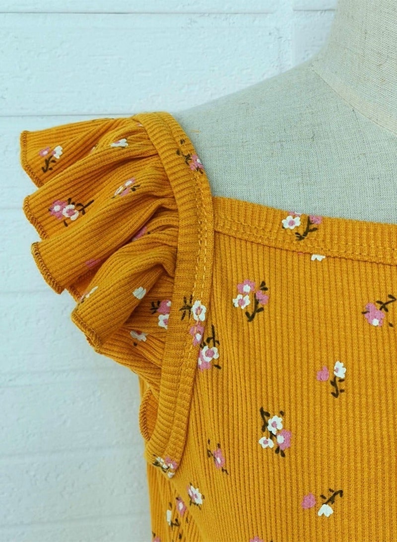 WiNi BEE Girls' Floral Dress with Ruffle Sleeves | Mustard Yellow Sun Dress for Toddlers 2-6 Years | Summer Play Dress with Elastic Waist - Image 4